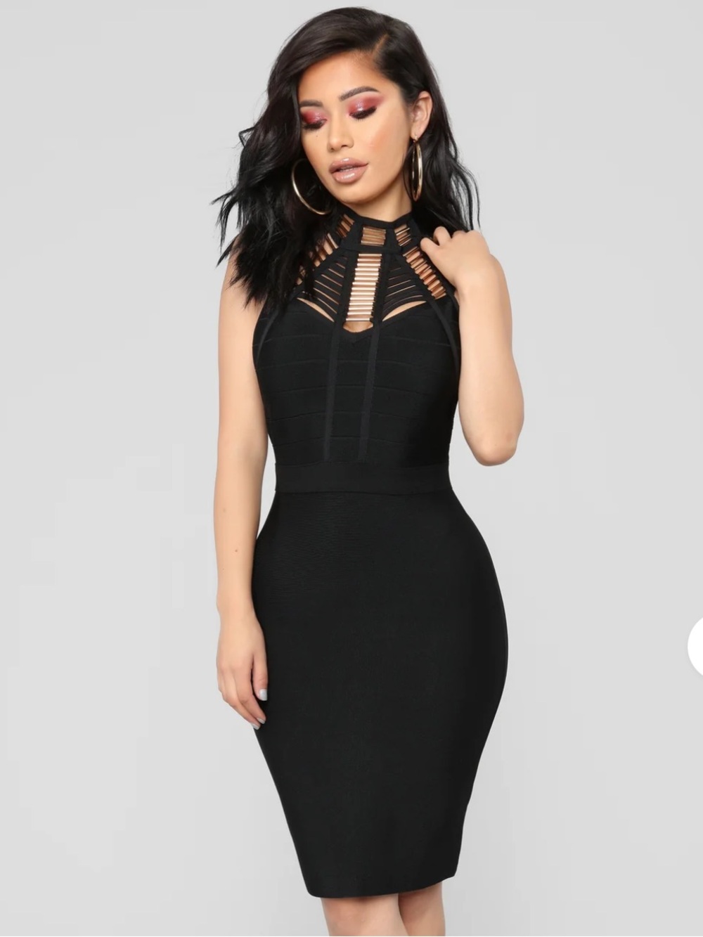 Fashion Nova Black Bandage Bodycon Dress Gold Hardware High Neck Size S